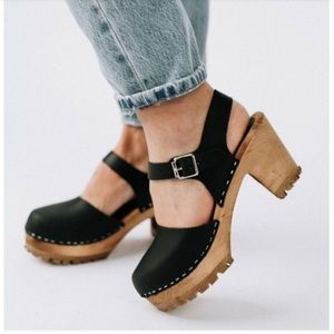 MIA Abba Swedish Black Leather Wooden Platform Clog Sandal Ankle Strap EUR 38